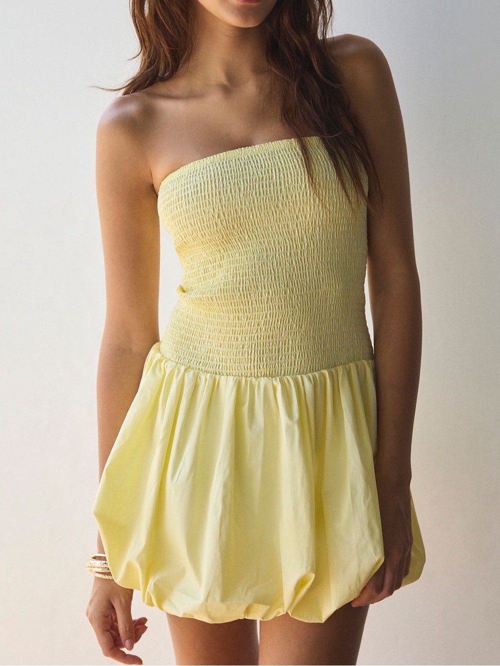 Glamorous Lemon Yellow Strapless Smocked Bubble Hem Mini Dress